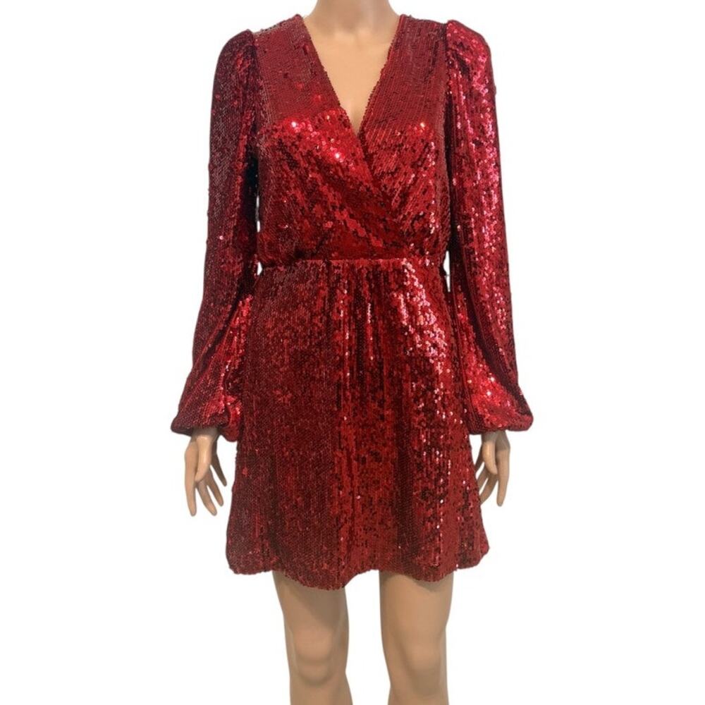 WAYF small flash sequin long sleeve faux wrap minidress D4 3319